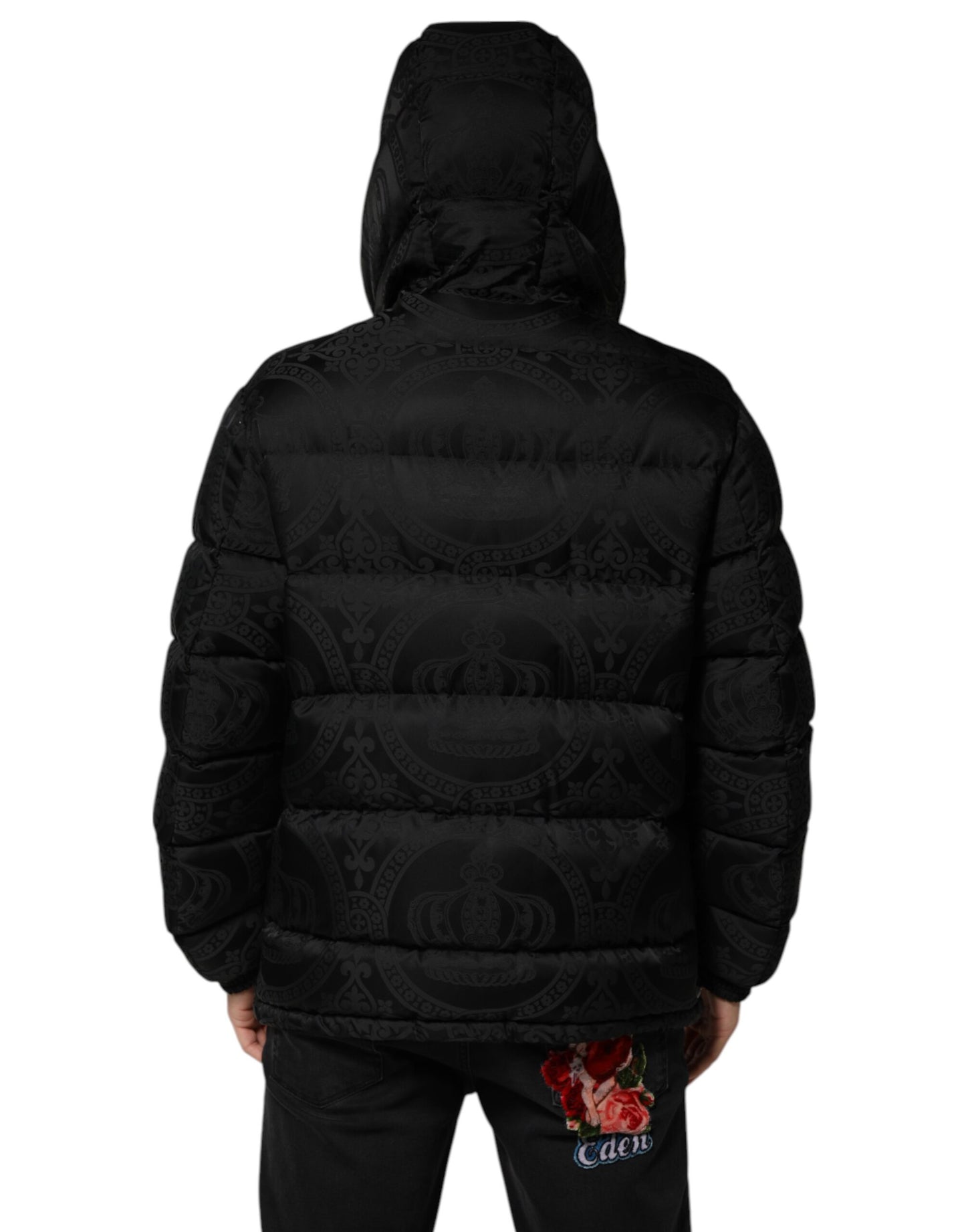 Black Jacquard Quilted Puffer Hooded Jacket