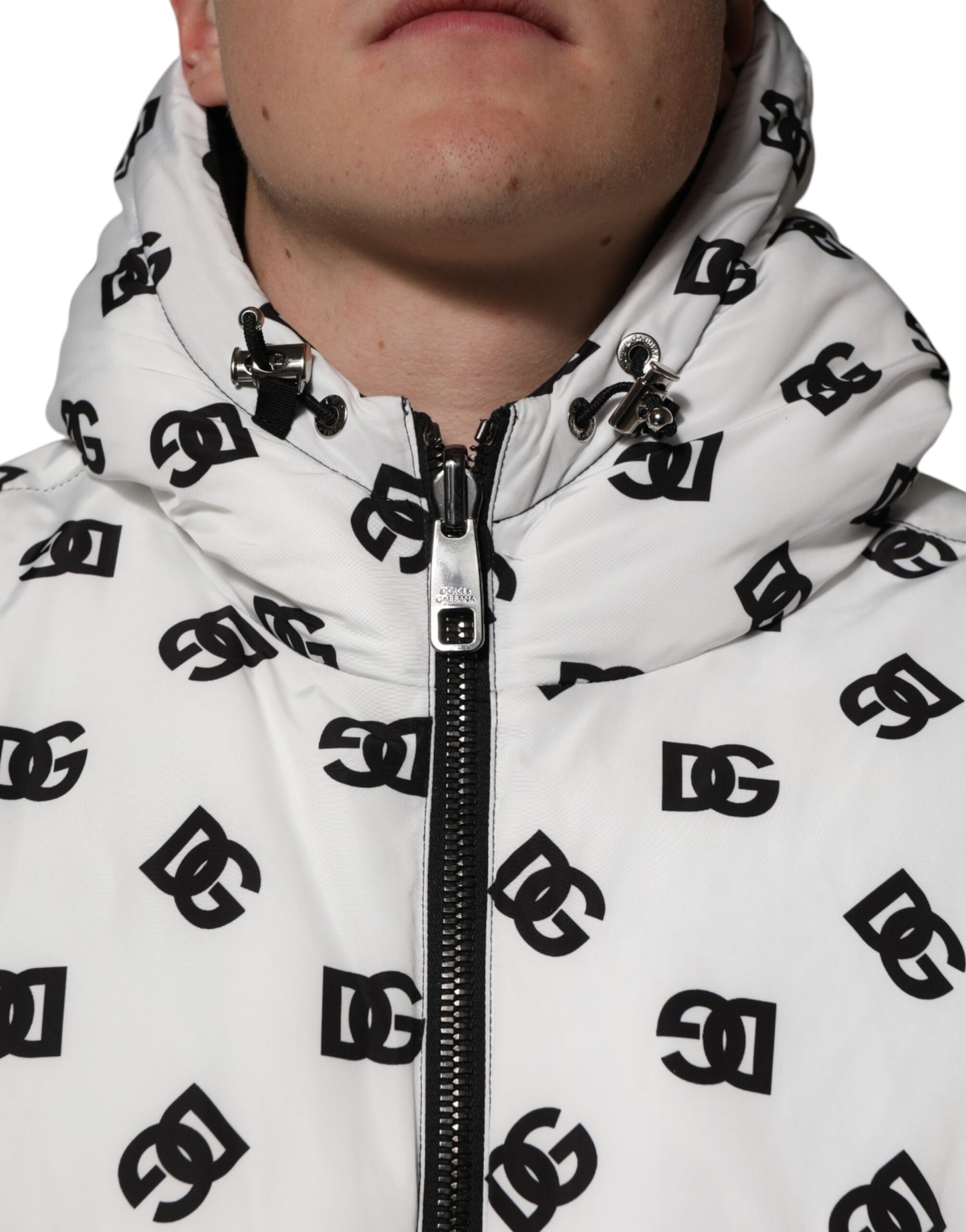 White DG Monogram Hooded Puffer Jacket