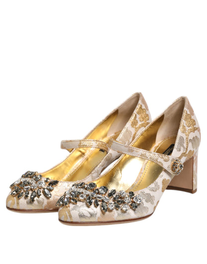 Gold Jacquard Crystal Mary Janes Pumps Shoes