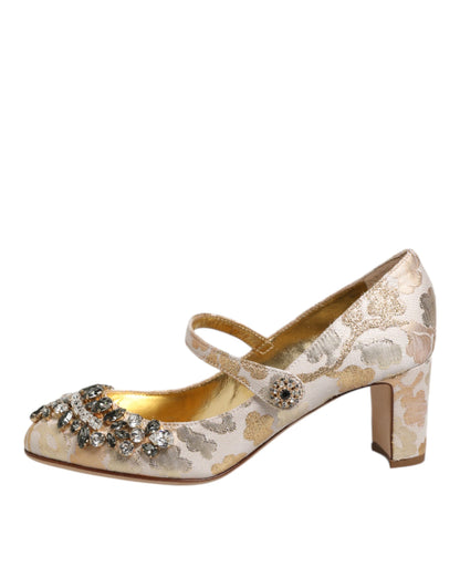 Gold Jacquard Crystal Mary Janes Pumps Shoes