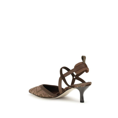 Brown Fabric Mid Heel Pumps