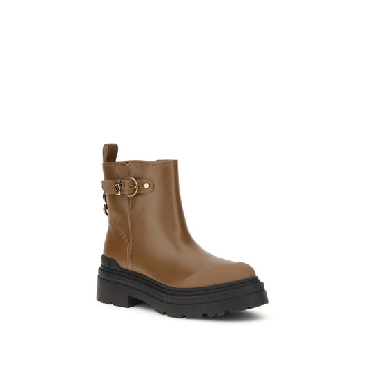 Beige Calf Leather Bos Taurus Ankle Boots
