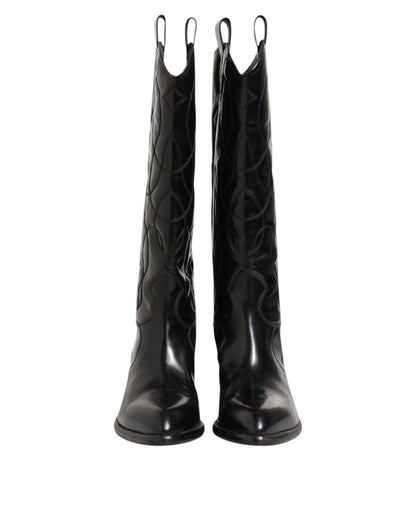 Black Leather Over The Calf Biker Boots Shoes