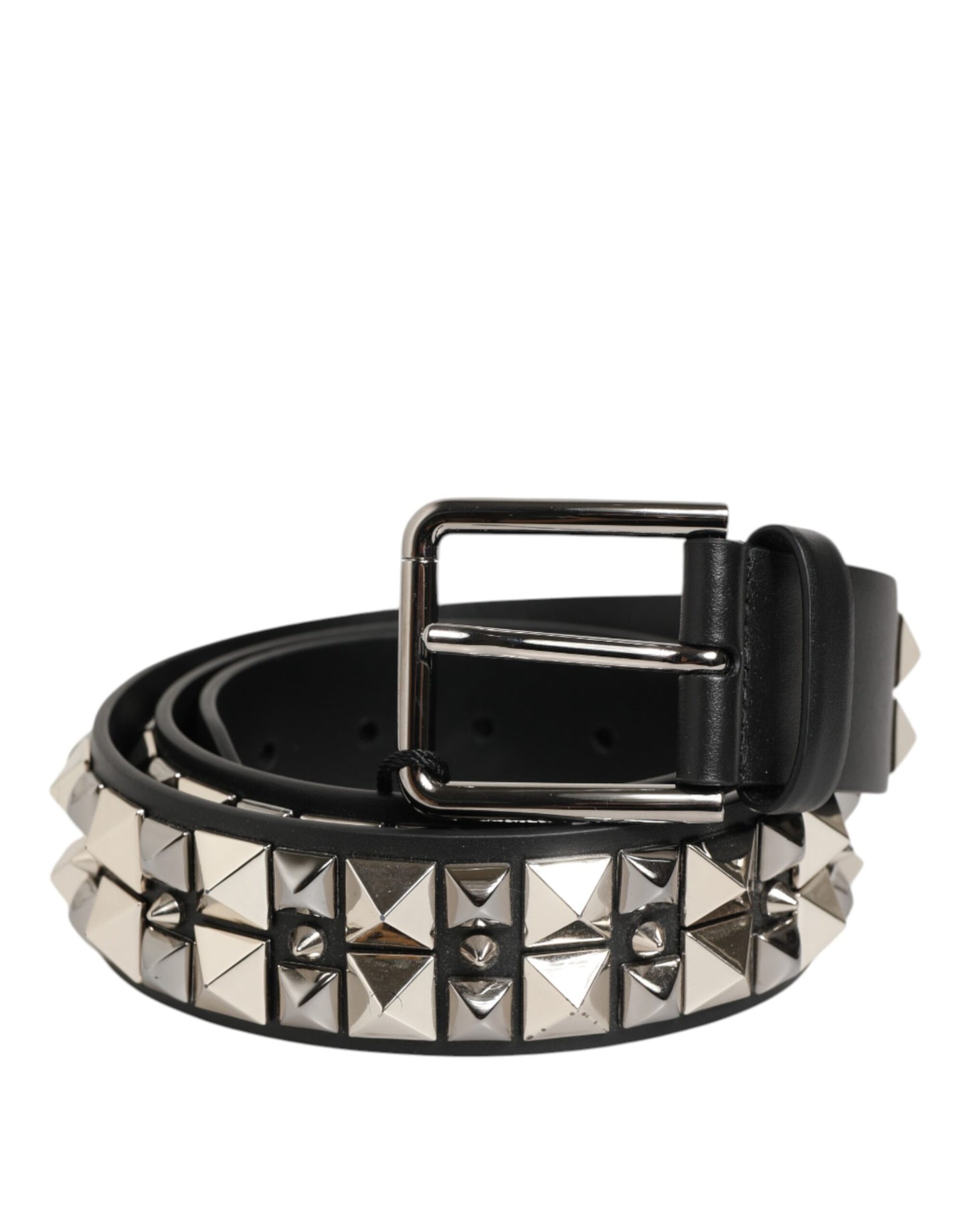 Black Calf Leather Studded Silver Buckle Belt