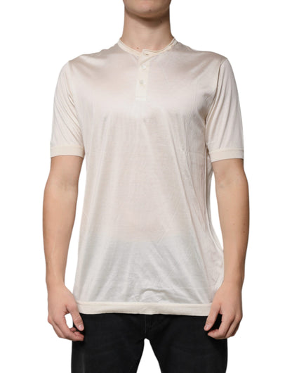 Off White Silk Henley Short Sleeves T-Shirt