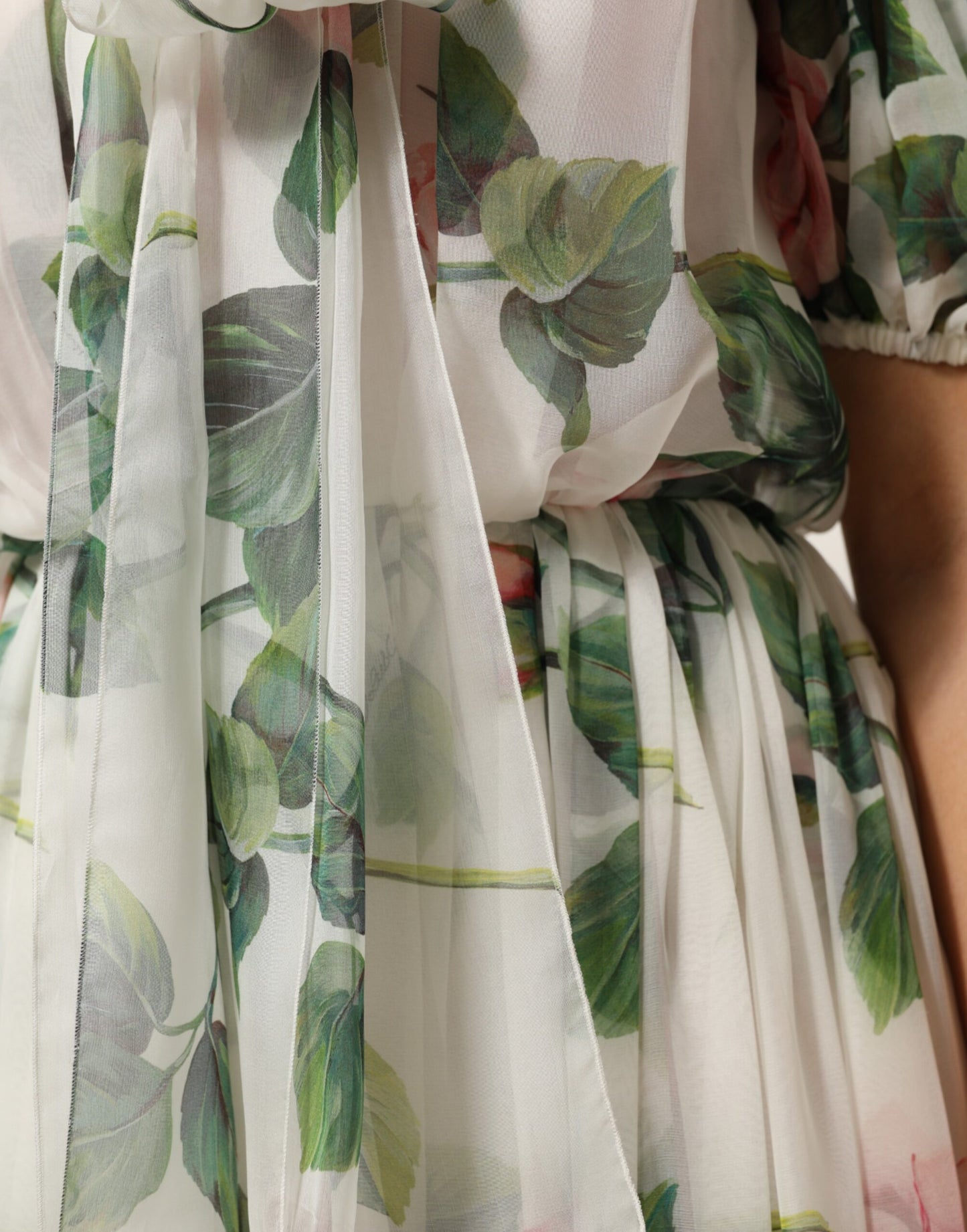 White Floral Print Silk Pleated Midi Dress