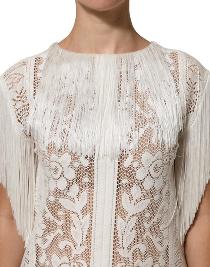 White Floral Lace Fringe Knee Length Dress