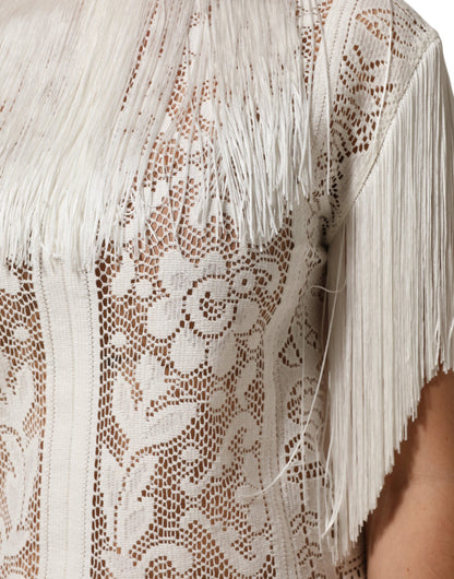 White Floral Lace Fringe Knee Length Dress