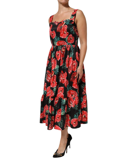 Multicolor Floral Cotton Poplin Midi Dress