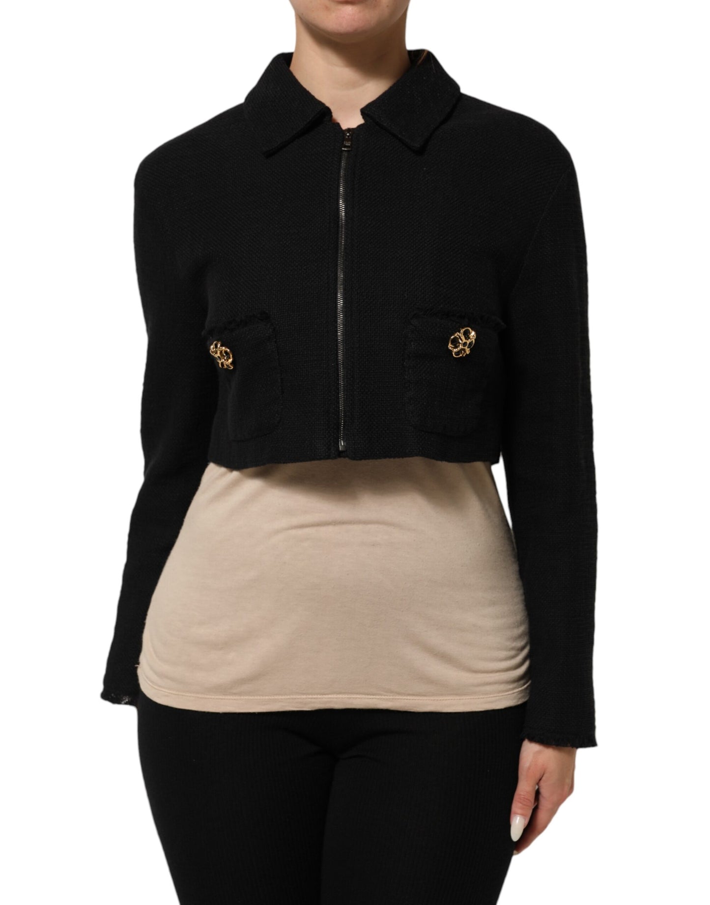 Black Cotton Full Zip Cropped Coat Jacket