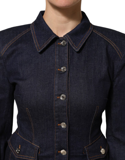 Dark Blue Cotton Collared Denim Coat Jacket