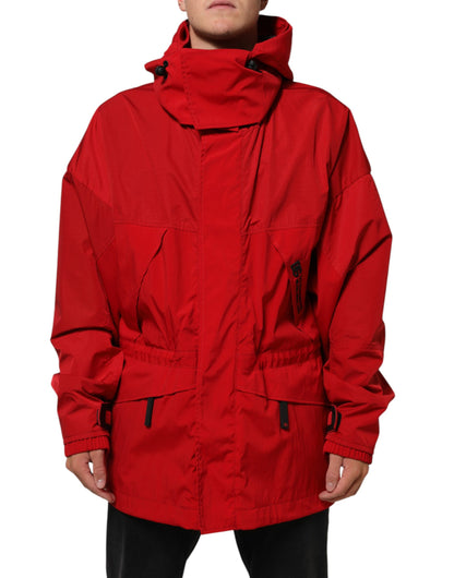 Red Nylon Hooded Men Full Zip Parka Jacket