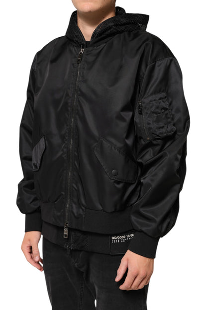 Black Nylon Hooded Full Zip Bomber Men Jacket