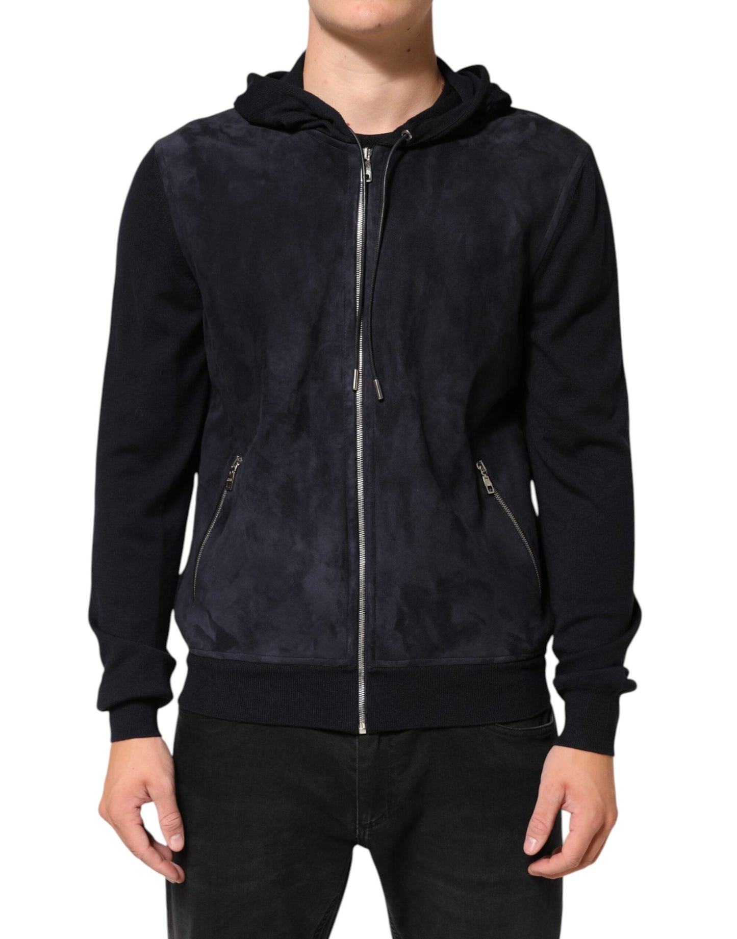 Black Leather Full Zip Hooded Blouson Jacket