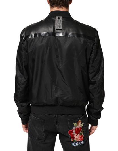 Black Leather Nylon FullZip Blouson Jacket