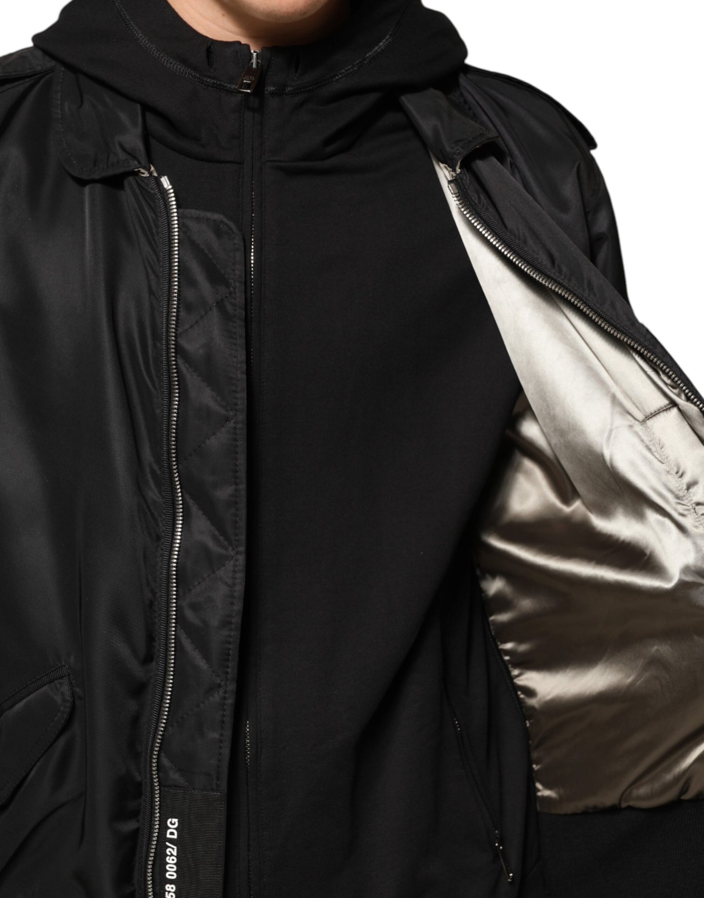 Black Cotton Hooded Full Zip Bomber Jacket