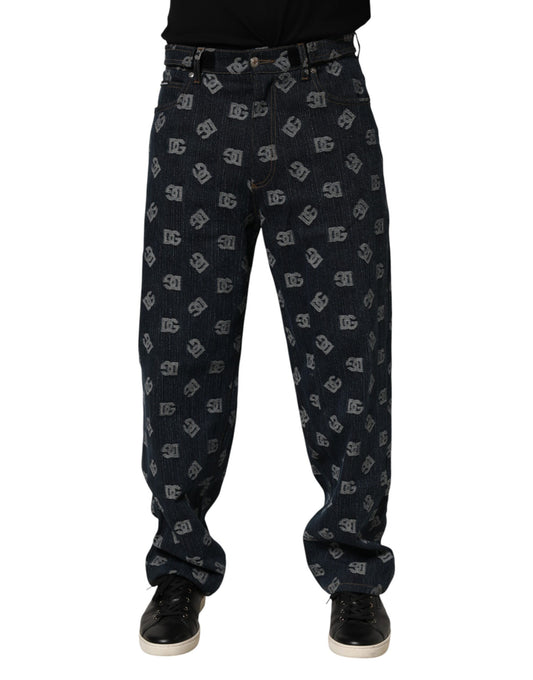 Blue Logo Print Straight Denim Men Jeans