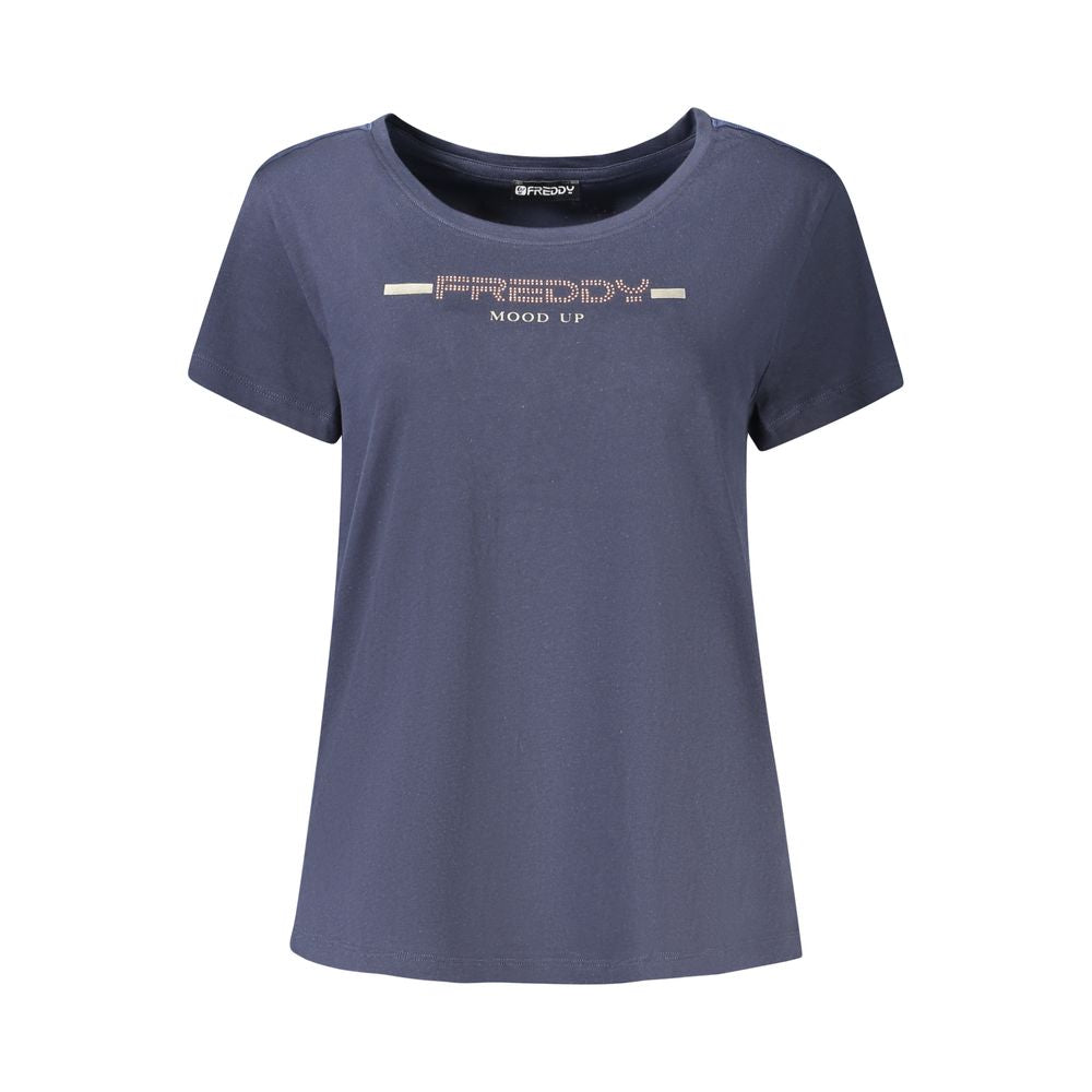 "Blu Cotton Women T-Shirt with Rhinestone Detailing"