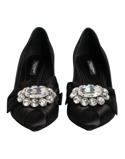Black Satin Bow Crystal Embellishment Pumps Shoes
