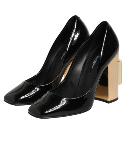 Black Gold Patent Leather Logo Heels Pumps Shoes