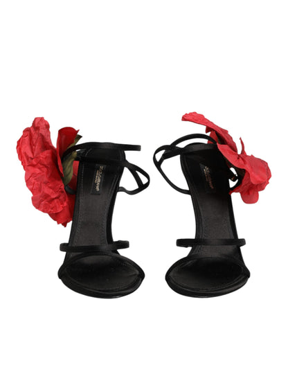 Black Leather Strappy Flower Heels Sandals  Shoes