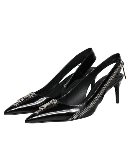 Black Zipper Leather Heels Slingbacks Shoes