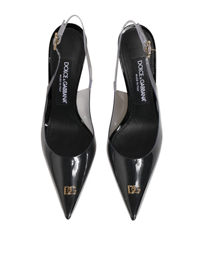 Black Leather Clear PVC Slingback Pumps Shoes