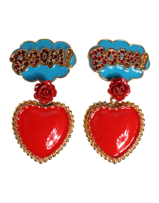 Gold Heart BOOM Cartoon Crystal Clip-On Earrings