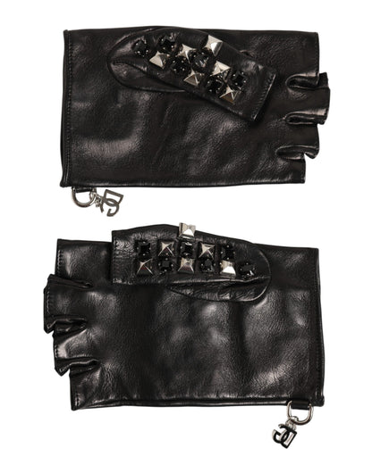 Black Leather Studded Fingerless Hand Mitten Men Gloves