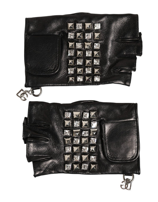 Black Leather Studded Fingerless Hand Mitten Men Gloves