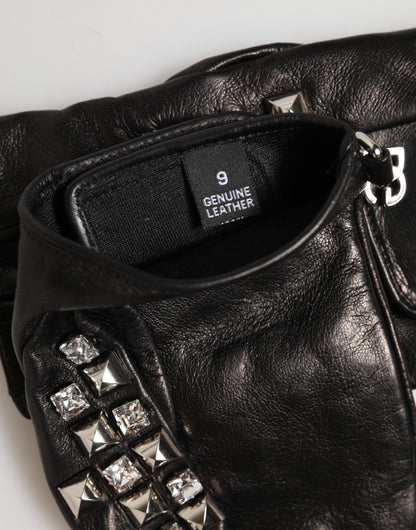 Black Leather Studded Fingerless Hand Mitten Men Gloves
