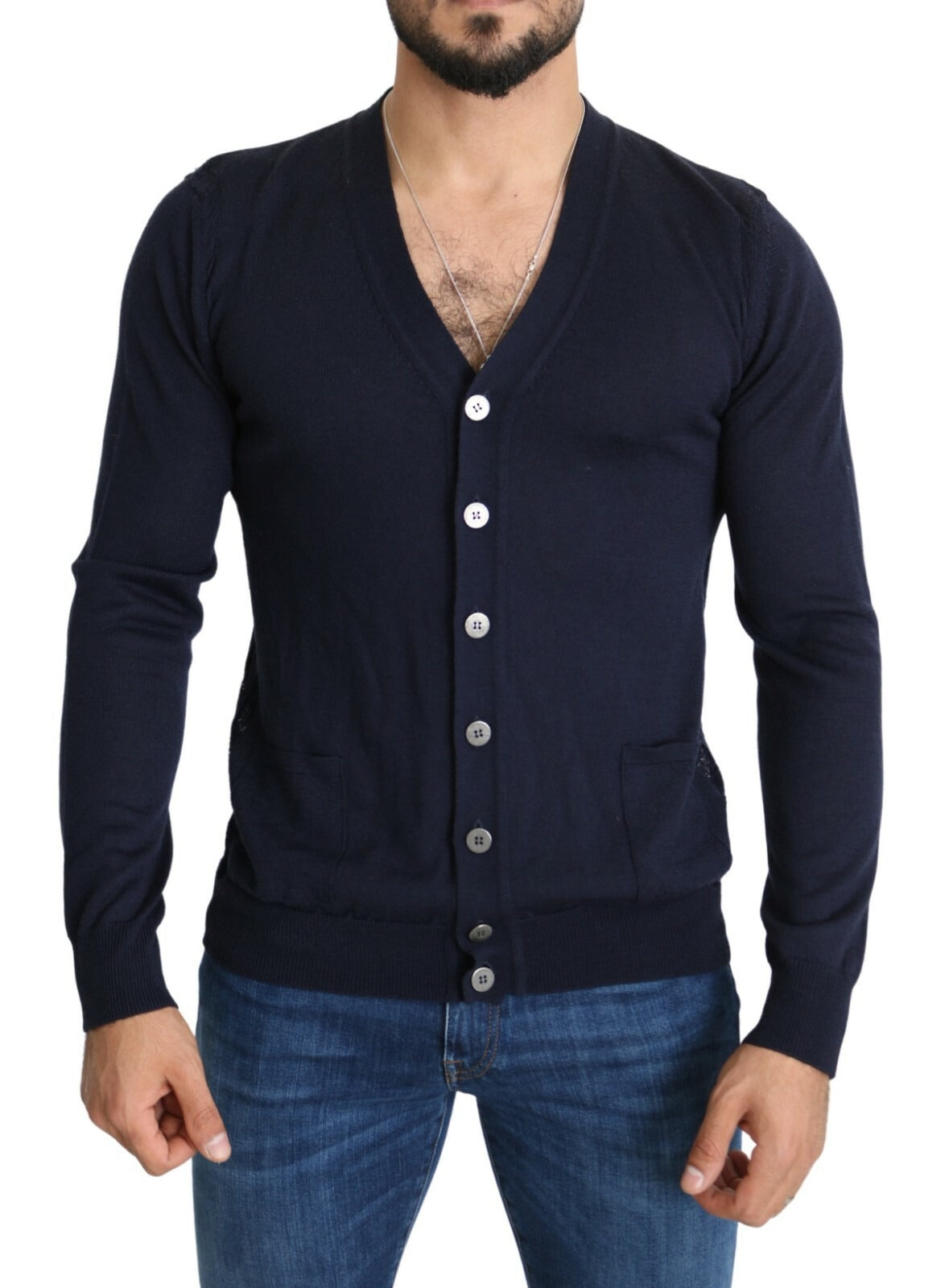 Wool Blue Full Button Cardigan Mens Top Sweater