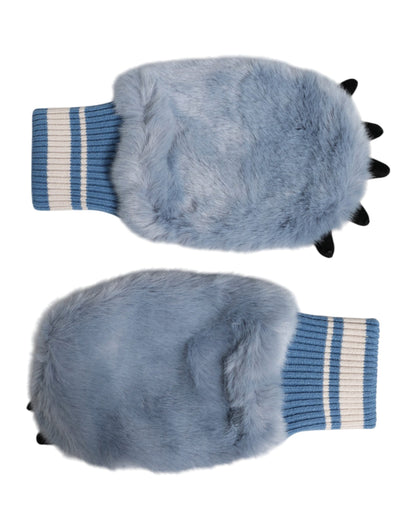 Blue Acrylic Knitted Fur Wrist Mitten Gloves