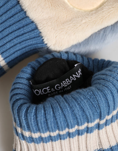 Blue Acrylic Knitted Fur Wrist Mitten Gloves