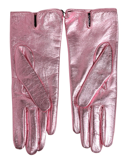 Pink Leather DG Logo Wrist Length Mitten Gloves