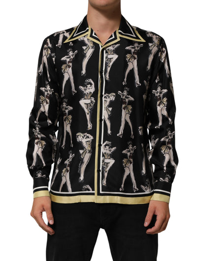 Black Silk Pin Up Printed Button Down Shirt