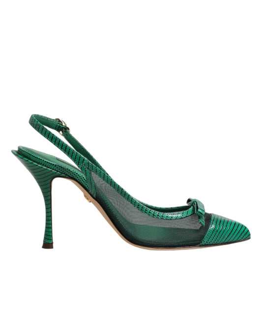 Green Leather Mesh Heels Slingback  Shoes