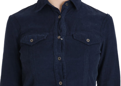 Cotton Blue Corduroy Long Sleeves Shirt Top Blouse