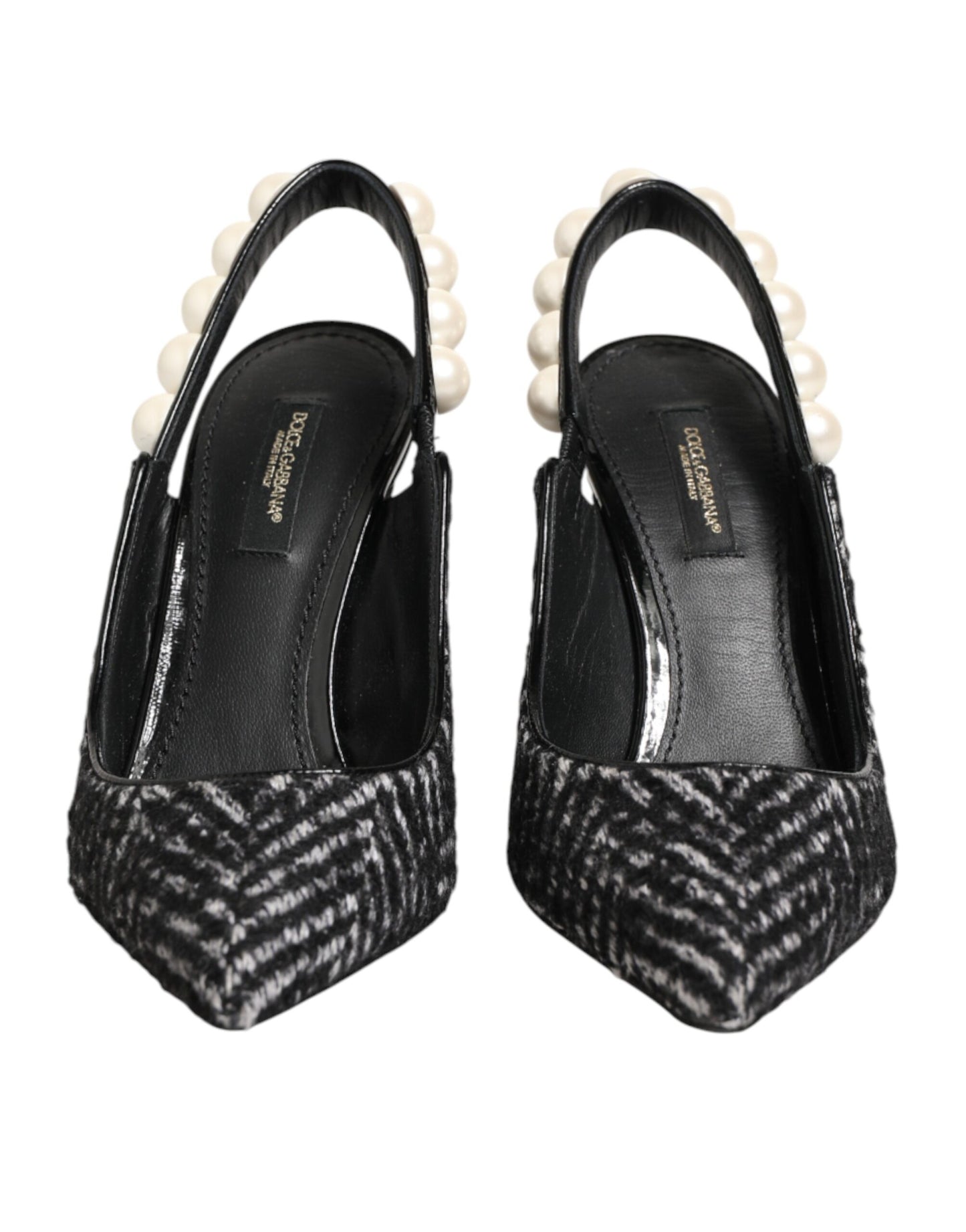 White Black Chevron Faux Pearl Slingbacks Shoes