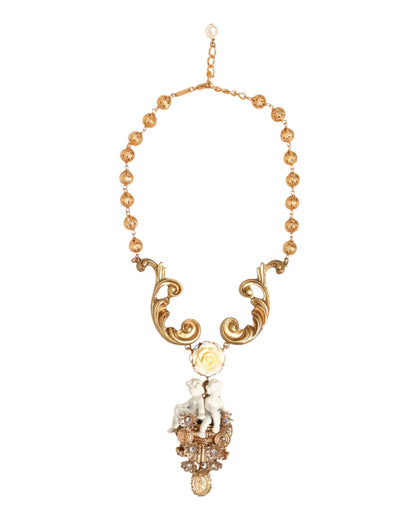 Gold Ceramic Crystal Cherub Baroque Pendant Necklace