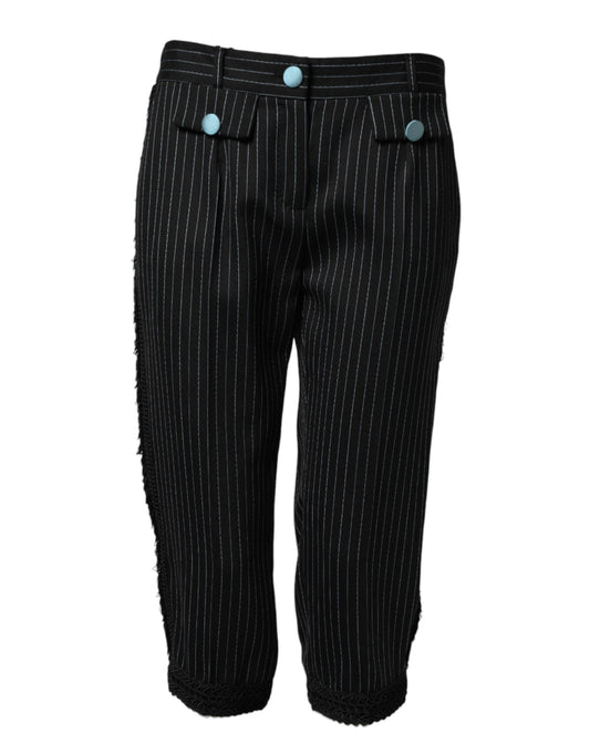 Black Wool Stripes Cropped Trouser Pants