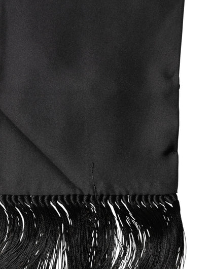 Black Satin Silk Fringes Neck Foulard 143.5cm x15cm Scarf